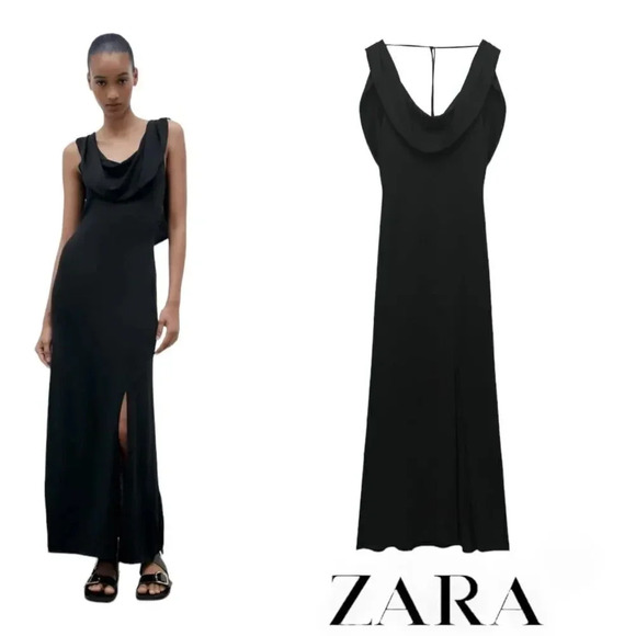ZARA | Black | FLUID NECKLINE LONG KNIT DRESS - Picture 1 of 9